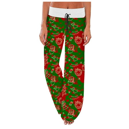 

Pajama Pants for Women Christmas Elk Snowflake Print Elastic Waist Drawstring Wide Leg Pants Casual Lounge Trousers