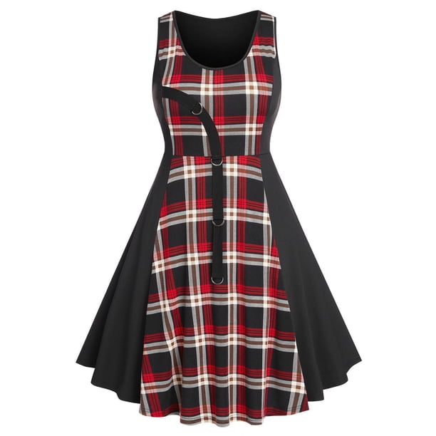 Vestido Línea Vertical a Cuadros Anillo Tamaño Plus Rosegal Vestidos casuales de talla grande