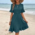 thumbnail image 6 of Dolkfu Retro Vintage Women Clothing Green Mid-Length Crew Neck Short Sleeve Dresses Vacation-Inspired Solid Regular Modern Peasant Dresses Green,Xl, 6 of 6