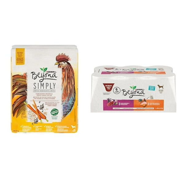 Beyond Simply Natural Dry Dog Food, Farm-Raised Chicken & Whole Barley- 10.8 kg Bag & Natural Wet Dog Food, in Gravy Variety Pack 2 Flavours - 354 g Can (6 Pack)