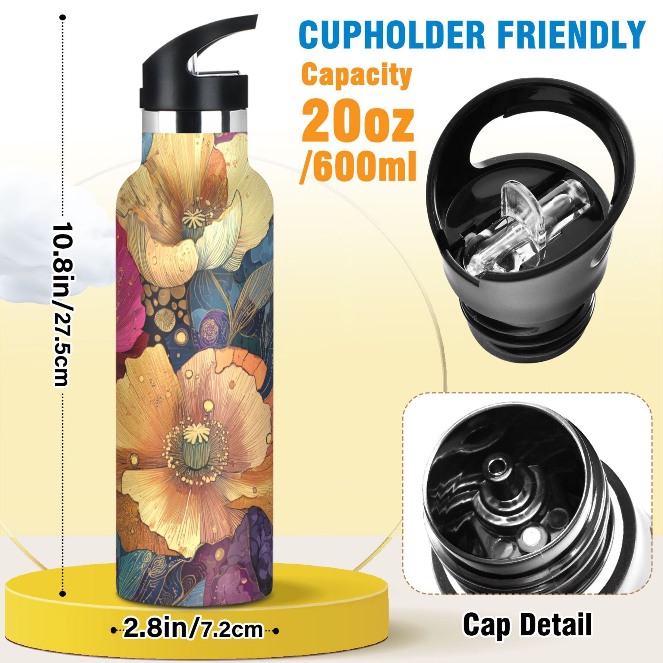 Kids Insulated Stainless Steel Sports Water Bottle 600ml (20oz) Vibrant and Intricate Flowers
