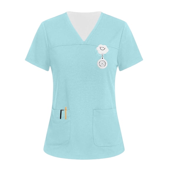 Iaqnaocc Scrub Tops Women Funny Solid Color Nurse Working Uniforms Fashion V-Neck Side Slits Scrub Tops Party Short Sleeve Medical Workwear with 3 Pockets Light Blue M