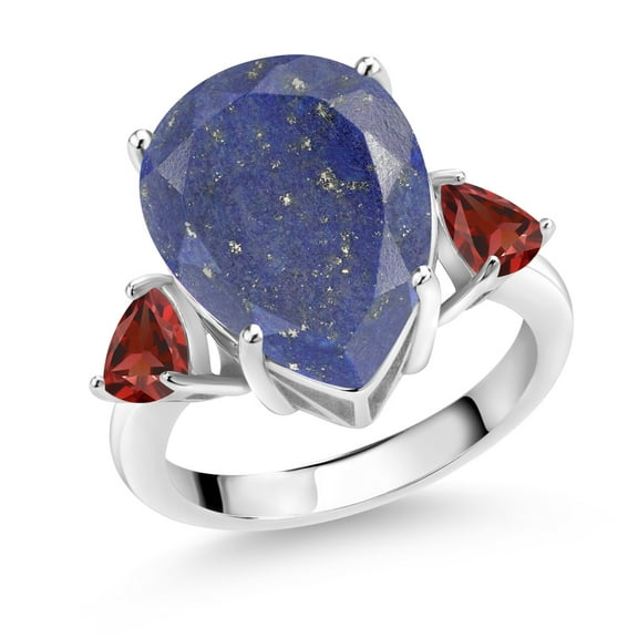 Gem Stone King 8.08 Ct Pear Shape Blue Lapis Red Garnet 925 Sterling Silver Ring (Size 5)