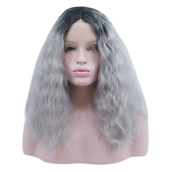 Unique Bargains Lace Front Wigs for Women 18" Black Gradient Gray Long Fluffy Curly Wavy with Wig Cap
