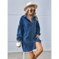 thumbnail image 5 of Women'S Oversized Denim Shirt Dress Button Up Lantern Long Sleeve Tiered Frayed Hem Mid Jean Dress Dark Blue M, 5 of 8