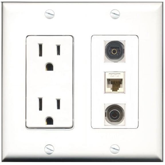 RiteAV - 15 Amp Power Outlet 1 Port Toslink 1 Port 3.5mm 1 Port Cat6 Ethernet Ethernet White Decorative Wall Plate