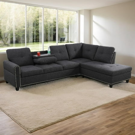 L-Shaped Linen Sectional Sofa with Right Chaise, Modular Tufted Couch Nail-Head Lounge Sofa for Living Room, Black