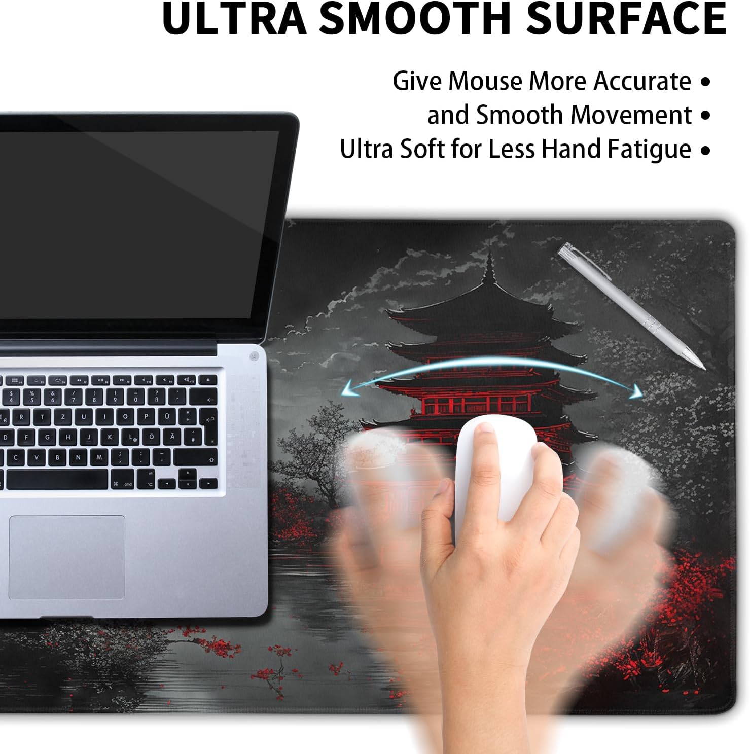 Japanese XXL Gaming Mouse Pad - 35.4x15.7 Inch Black Red Design, Extended Large Keyboard Full Desk Mat, Non-Slip Rubber Base, Stitched Edges, Perfect for Home Office