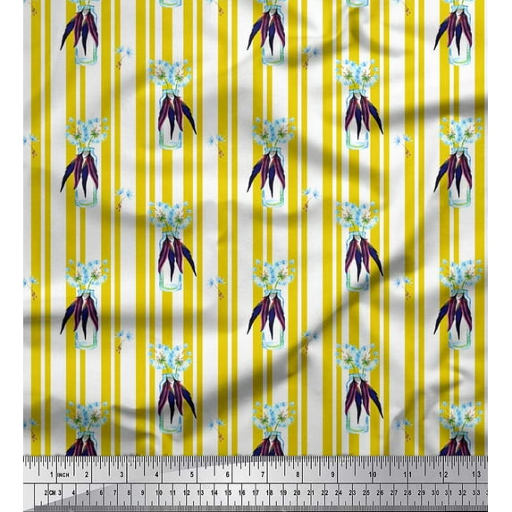 Soimoi Yellow Velvet Fabric Feather & Bottle Vase Stripe Print Sewing Fabric Yard 58 Inch Wide