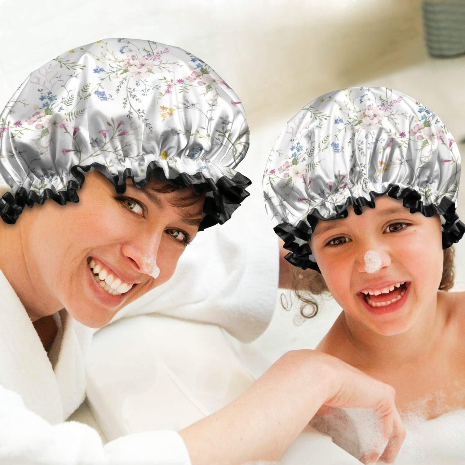 Shower Caps,Pioneer Flower Floral Print Pattern Waterproof Shower Cap for Women 4 Pieces,Double Reusable Hair Cover for Shower PEVA Elastic Stretch Hem