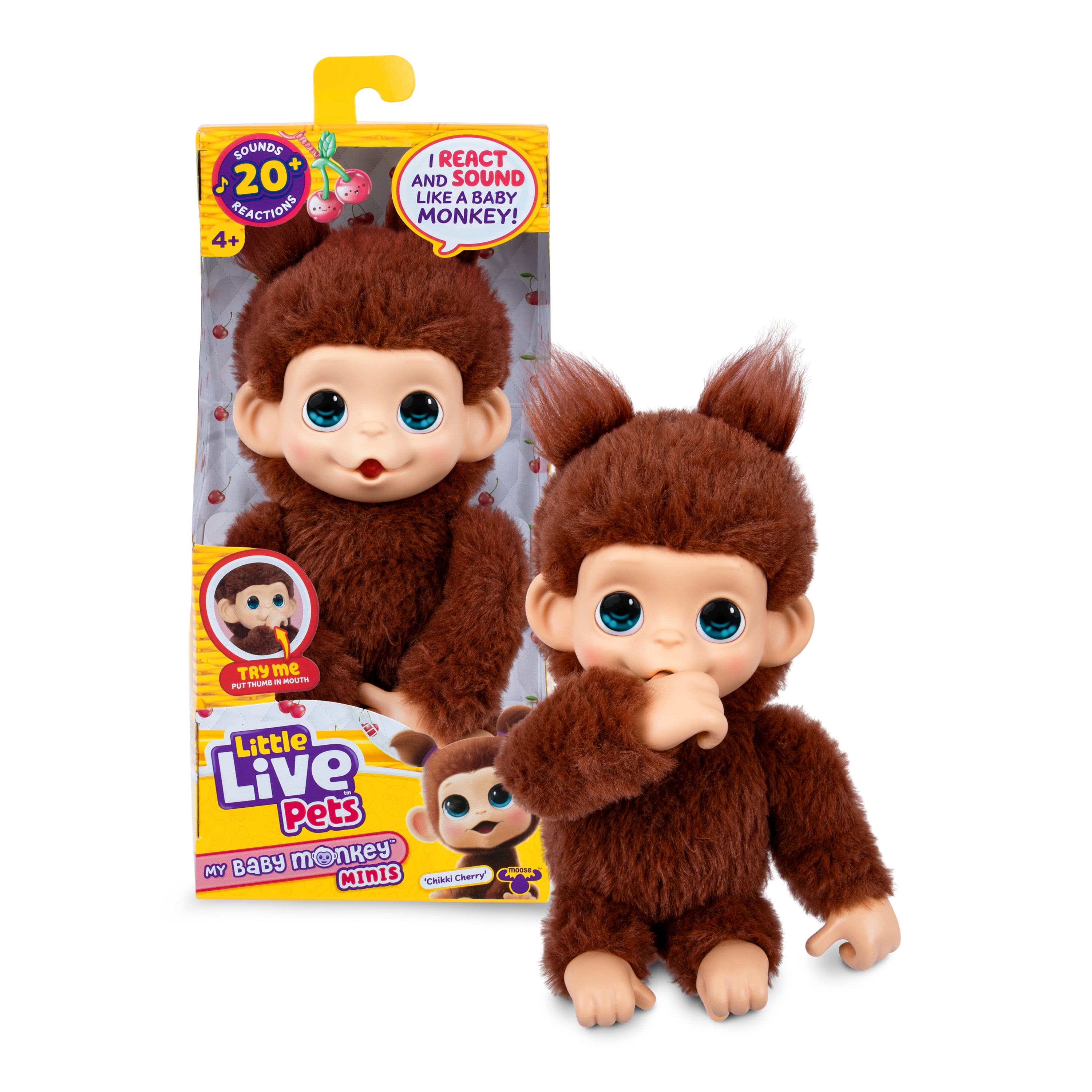 Little Live Pets Baby Monkey Minis – Chikki Cherry. Interactive Pet Toy. 20+ Sounds & Reactions. Soft Brown Fur. 7.4" Tall. Collect All 3. Ages 4+