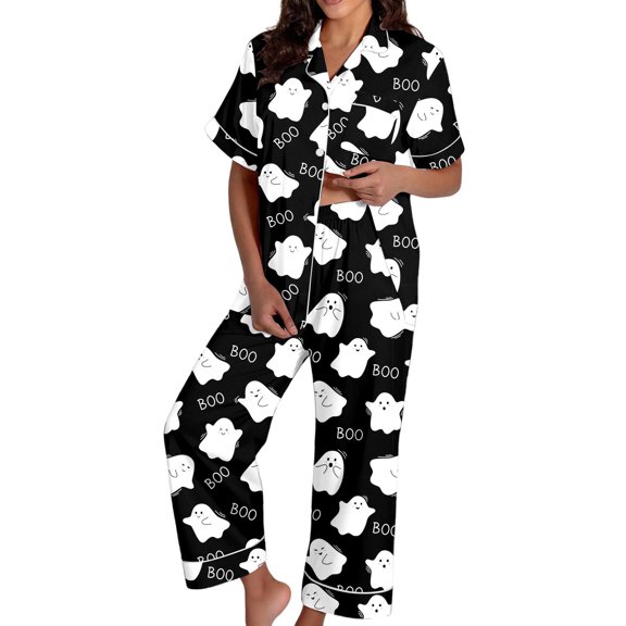 Puliio Halloween Women's Pajama Sets Pjs Ghost Print Summer Collared Short Sleeve Shirt and Pants Breathable Loungewear Set for Home Wear Sleepwear