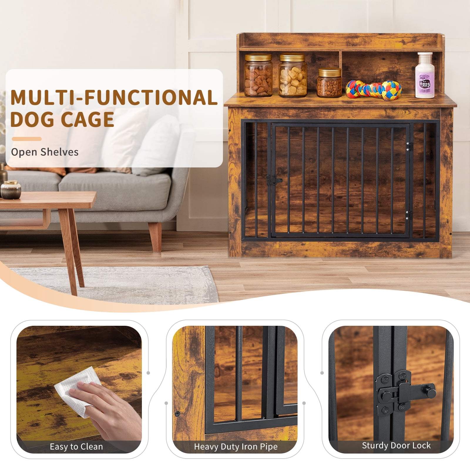 Zimtown 41in Dog Crate Furniture - Wooden Pet Crate End Table with Storage Shelf, Heavy Duty Indoor Pet Cage, Rustic Brown
