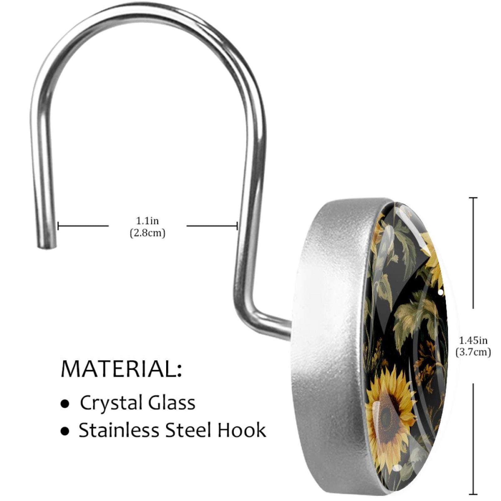 Sunflower on Black Shower Curtain Hooks Round Crystal Glass, Set of 12 Shower Curtain Rings - Shower Hooks for Curtain Shower Rings