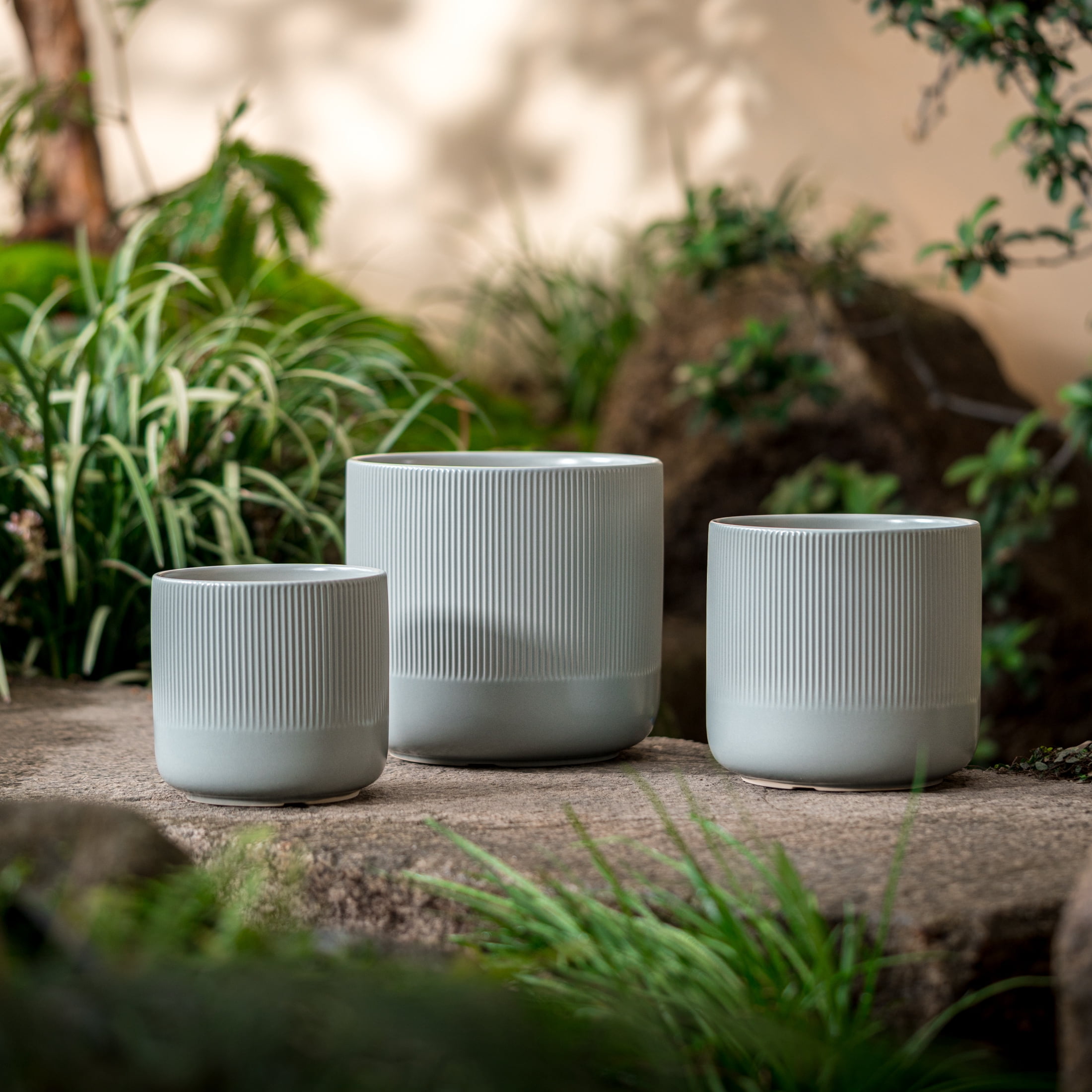 UMIAMOY Cylinder Ceramic Plant Pots,5.8+6.9+8.3 inch Plant Pots with Drainage Holes and Saucer,Set of 3 Ceramic Flower Pots for Indoor Outdoor Decoration,Blue