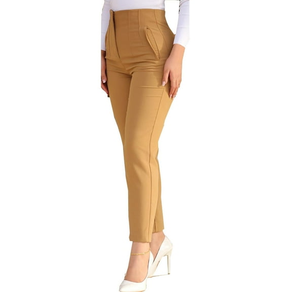 Lroveb Dress Pants for Women, High Waisted Taper Womens Plus Size Stretch Work Casual Pants Business Straight Trouser With Pocket Bronze