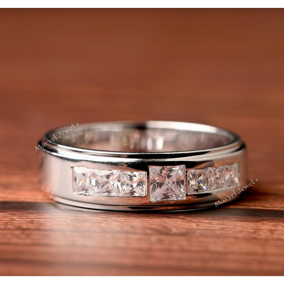 Men's Seven Stone Diamond Ring, Princess Cut Diamond Engagement Ring, Channel Set Diamond Ring, 2.1 Ct Simulated Diamond, 925 Sterling Silver, Father's Day Gift Ring