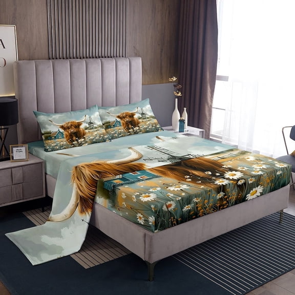 Erosebridal Kawaii Highland Cow Bed Sheets Twin , Farmhouse Animal Bedding Sets Twin Size, Lodge Cabin Windmill Daisy Decor 3 Pieces
