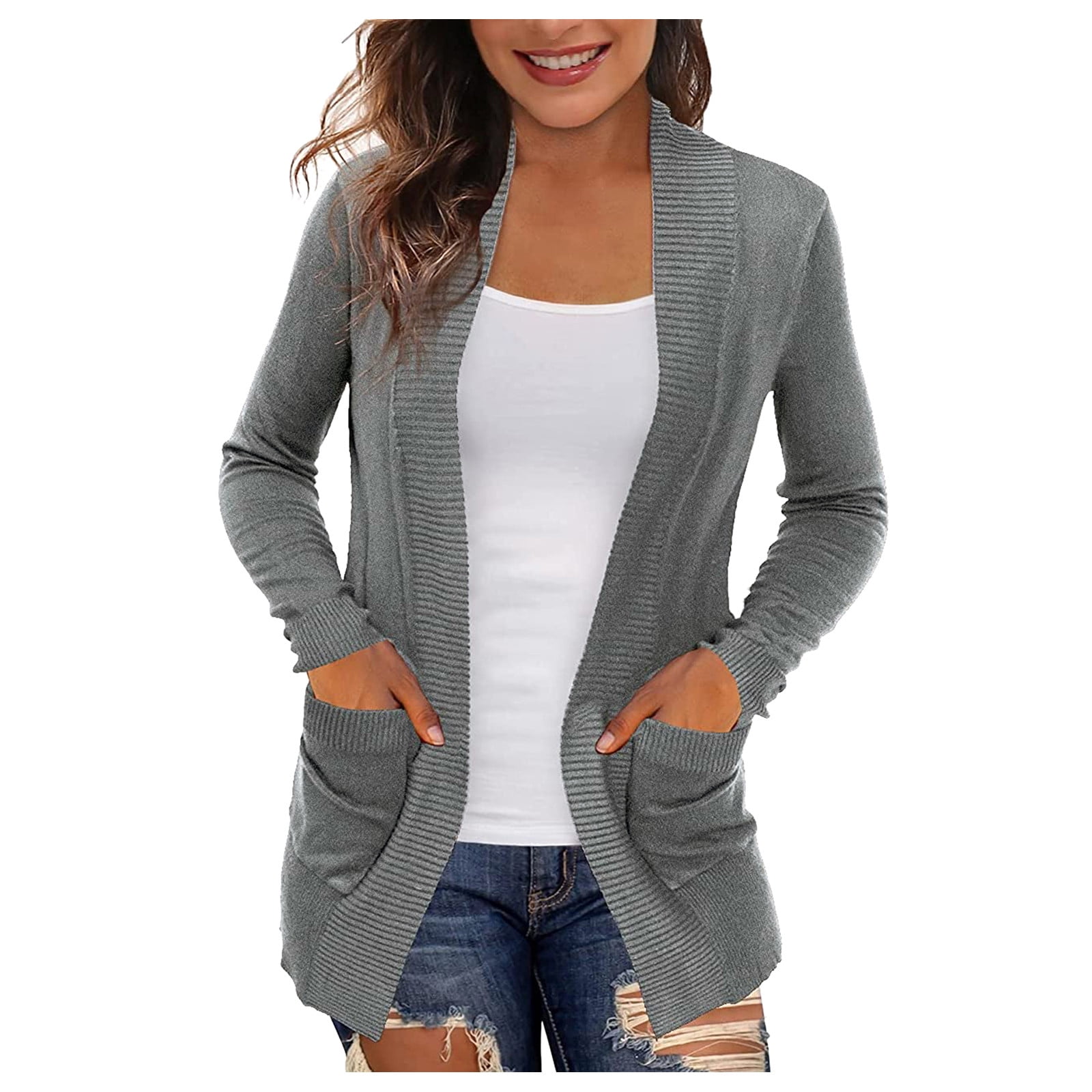 Women's Knitted Sweater Open Front Pocket Coat Tassel Long Cardigan Coat Jacket