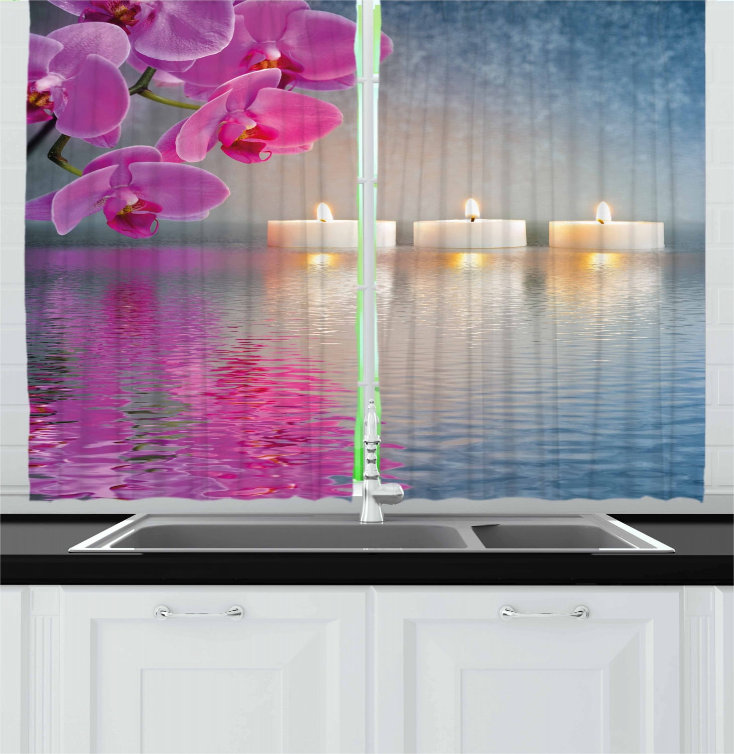 Zen Curtains 2 Panels Set, Japanese Candle Relaxing Environment Cherry