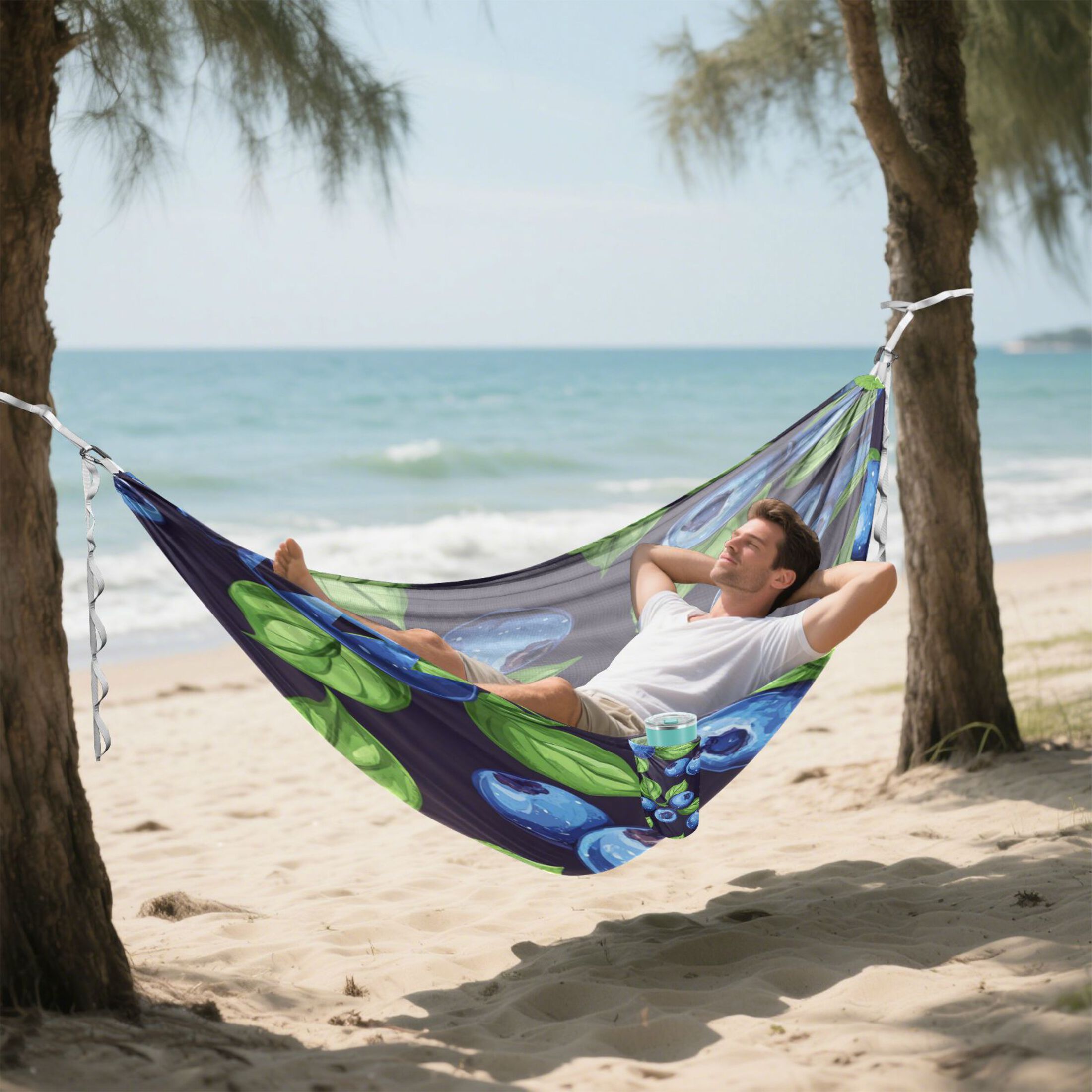 Portable Outdoor Camping Hammock Travel Hammock Ideal for Backpacking, Hiking, and Travel Blueberry with Leaves
