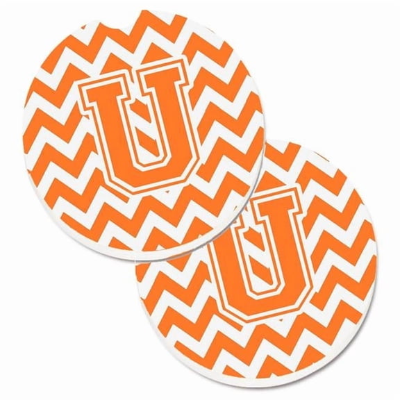 Letter U Chevron Orange & White Set of 2 Cup Holder Car Coaster