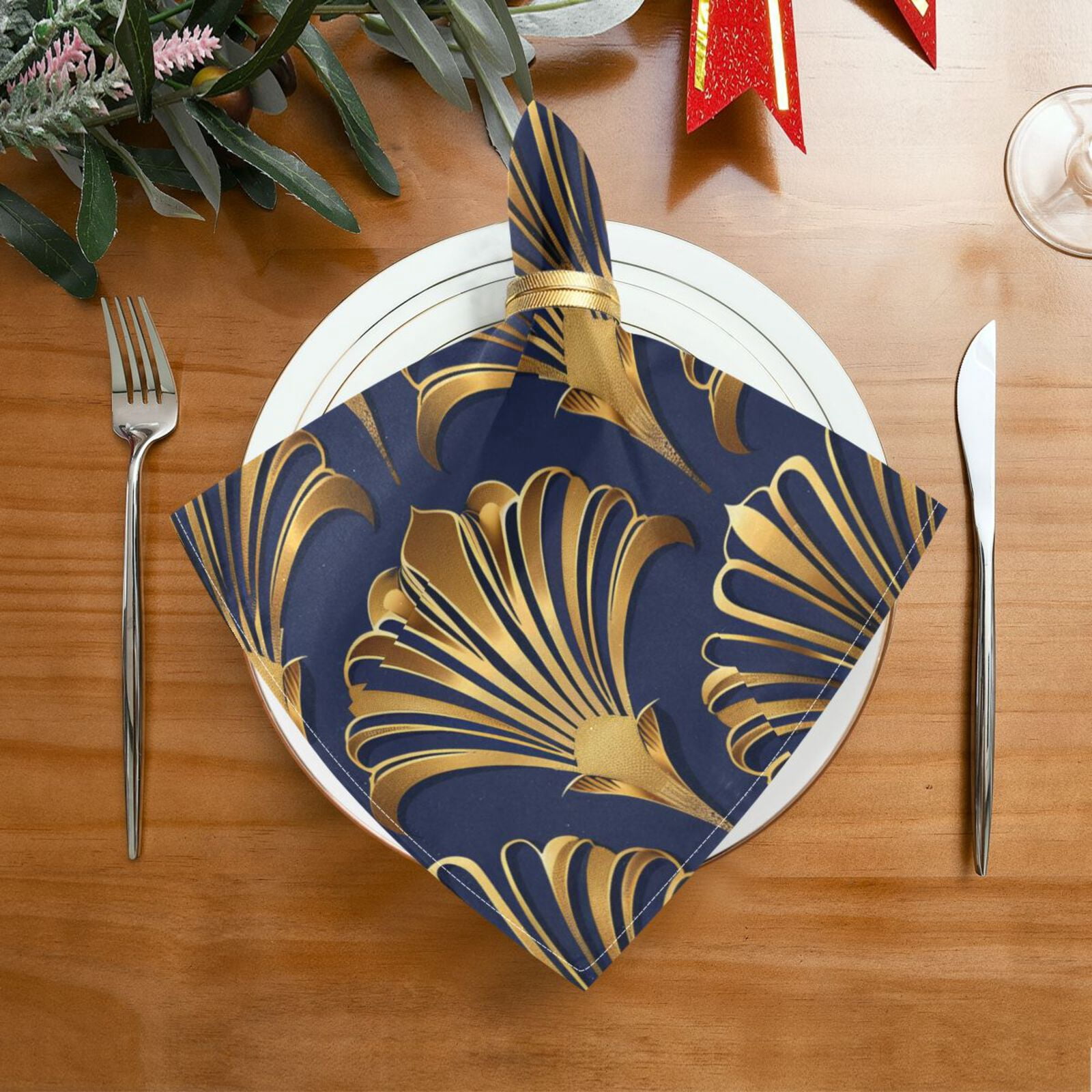 JSTEL Abstract Gold Fans Cloth Napkins Set of 6, 20x20 Inch Washable and Reusable Napkin for Decoupage Dinner Party Everyday Use