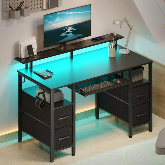 Greenstell Bureau de Jeu de 47 Pouces avec Lumières DEL, Bureau d'Ordinateur en Forme de I avec Tiroirs de Rangement, Prises et Support pour Moniteur, Bureau de Bureau à Domicile, Noir Galaxie