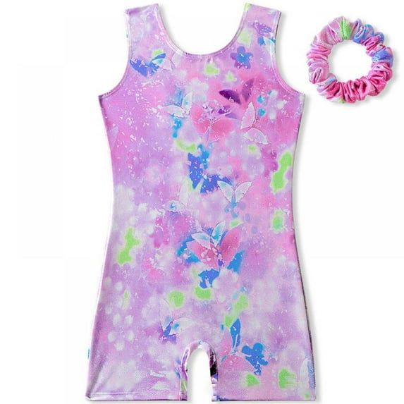 3-10T Girls Gymnastics Leotards Toddler Kids Athletic Dance Wears Butterfly Print Practice Outfits With Scrunchie