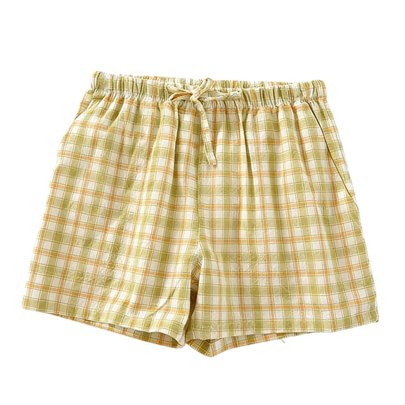 Atogsazn Womens Summer Plaid Shorts Casual Cotton Elastic Waist Short Pants Wide Leg Beach Pant Outfit Yellow M Fashion