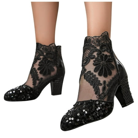 

Mepaouo Women Sequin Dress Ankle Boots Floral Heel Formal Prom Slip on Heeled Shoes(Black 9)