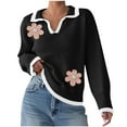 thumbnail image 2 of Women's Floral Lapel Contrast Stitch V-Neck Long Sleeve Pullover Knit Sweater, 2 of 7