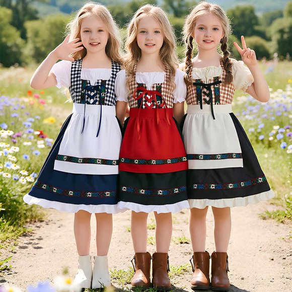 oelaio Costume d'Oktoberfest pour Filles Enfants Ados Robe de Dirndl Bavaroise avec Tablier Tenue d'Halloween Bleu Foncé 10-12 Ans