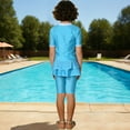 thumbnail image 5 of Eltusu Girls Rush Gard Sets, Two Pieces Short Sleeve Striped Beachwear Swim Tops and Pants Sky Blue Size 4-12T, 5 of 6