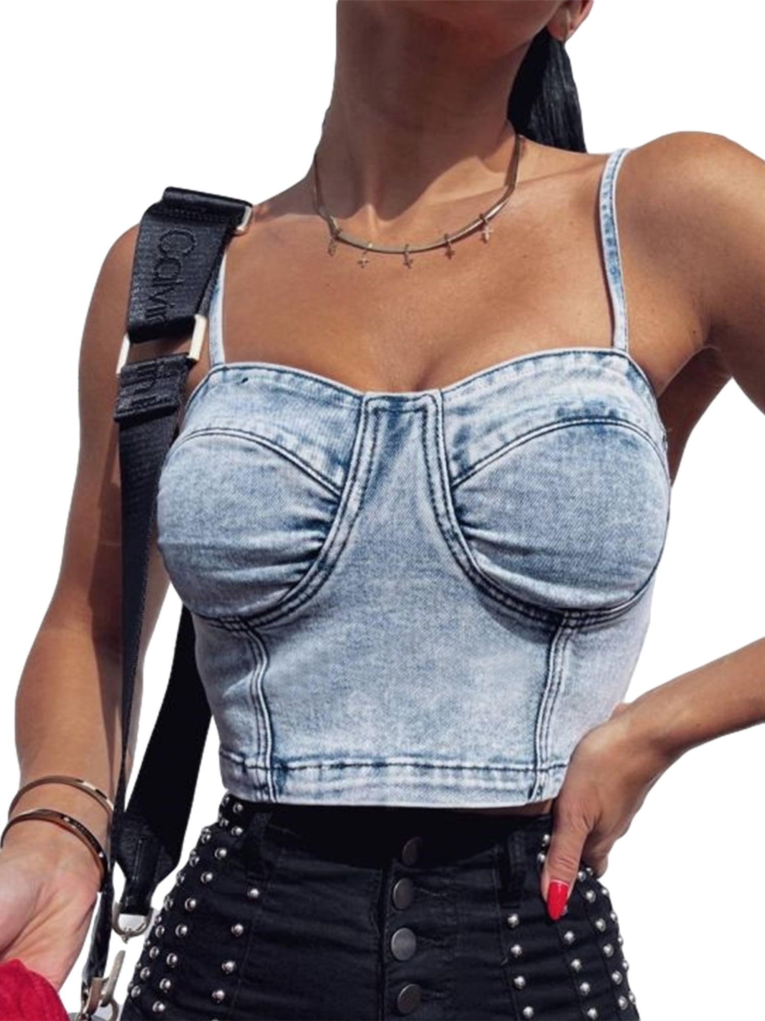 Women's Denim Bustier Crop Top Jeans Push Up Corset Camisole Top with  Adjustable Straps 