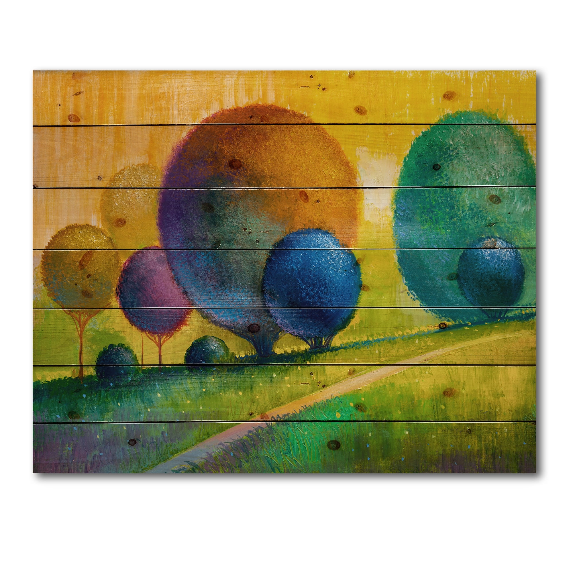 Designart 'Ornamental Colourful Trees III' Modern Print on Natural Pine Wood