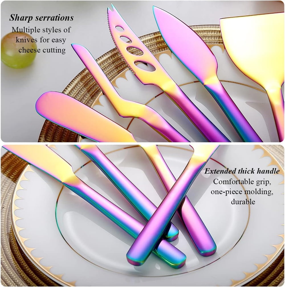 Rainbow Cheese Knife Set of 3, NOGIS Ergonomic Design Titanium Golden Plated Cheese Slicer, Butter Knife Spreader, Cheese Cutter, Cheese Knives for All Type of Cheese