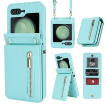 ELEHOLD Case for Samsung Galaxy Z Flip 6, Luxury Zipper Leather Card Holder Kickstand Flip Protective Phone Case with Adjustable Crossbody Strap for Samsung Galaxy Z Flip 6,Mint