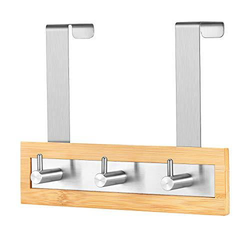 ToiletTree Products Bamboo Wood & Stainless Steel Over The Door Towel Rack, 3 Hooks