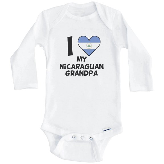 I Heart My Nicaraguan Grandpa Nicaragua Flag One Piece Baby Bodysuit (Long Sleeve), 3-6 Months White