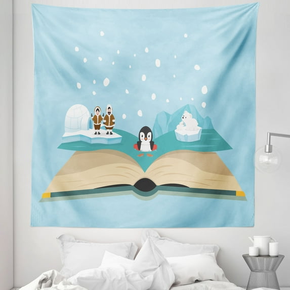 North Pole Tapestry, Iglo Eskimo Polar Bear Penguin on a Book Fiction Land, Fabric Wall Hanging Decor for Bedroom Living Room Dorm, 5 Sizes, Pale Blue and Multicolor, by Ambesonne