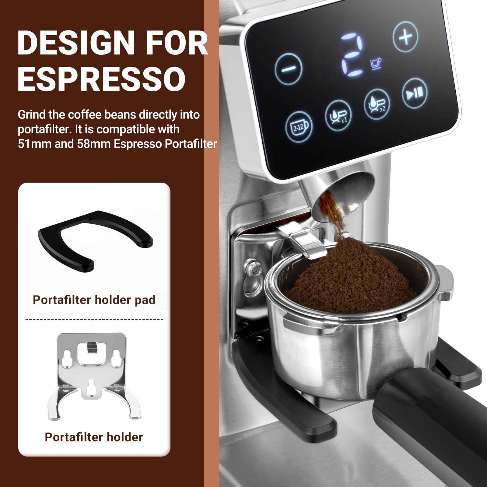 Sunmaki Electric Burr Coffee Grinder, 24 Grind Settings, LED Control Panel, Anti-Static Design, Silver