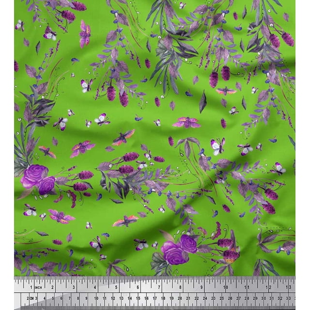 Soimoi Tissu Vert en Coton Cambrique Insectes, Roses & Feuilles Imprimés au Mètre 42 Pouces de Large