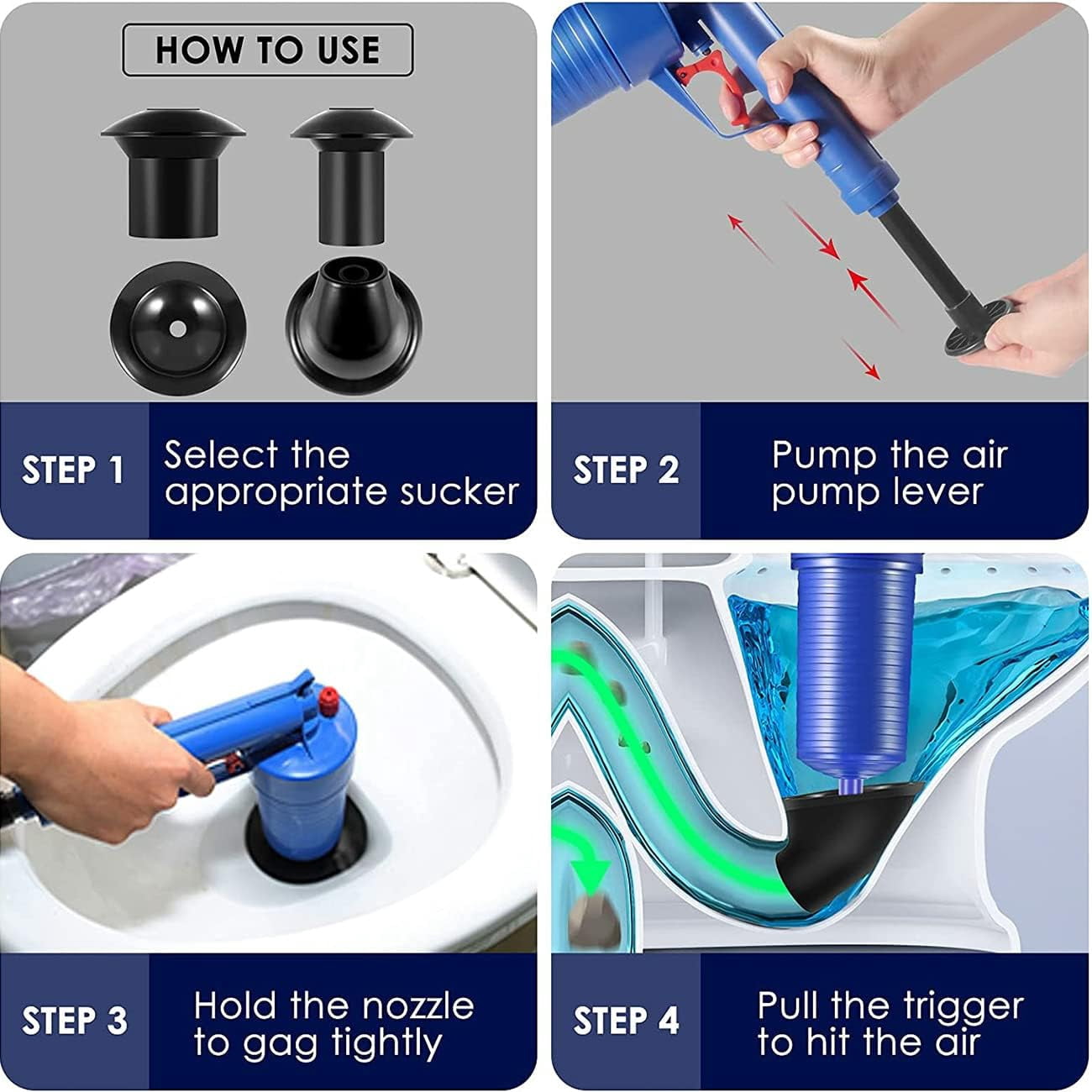 High Pressure Air Drain Blaster Gun with 4 Suckers, Toilet Plunger & Pipe Clog Remover for Bathroom, Kitchen, Sink, Bathtub, Floor Drain
