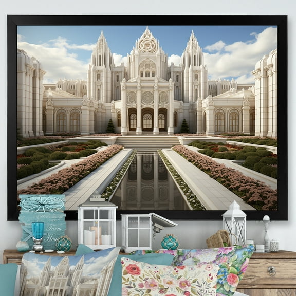 Designart "Landscape of Renaissance Cathedral" Spiritual Framed Wall Art Decor - Cabin White Church Entryway Framed Wall Art Print