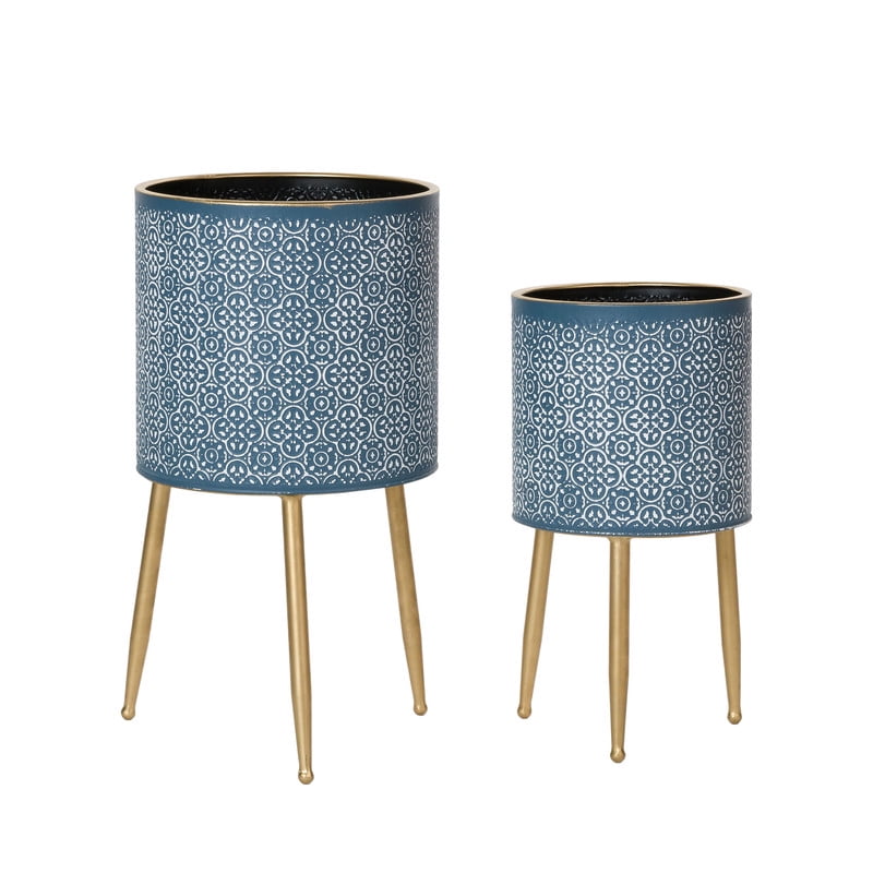 2-Piece Modern Metal Planter Pot With 3-Leg Gold Metal Base - Blue - 20"H x 10.5"W / 15.75"H x 8.5"W