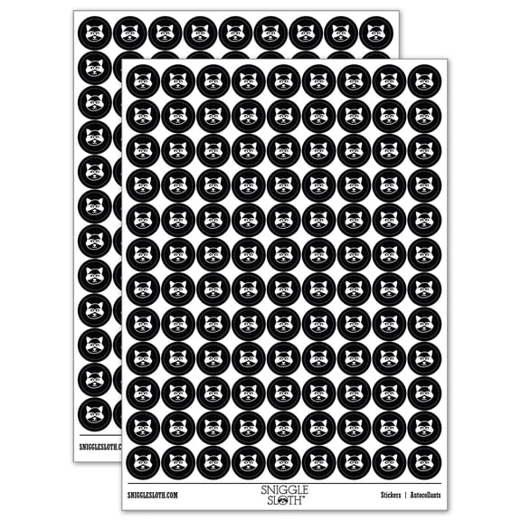 Racoon Face Doodle 200 Round Stickers - Black - Gloss Finish - 0.50" Size