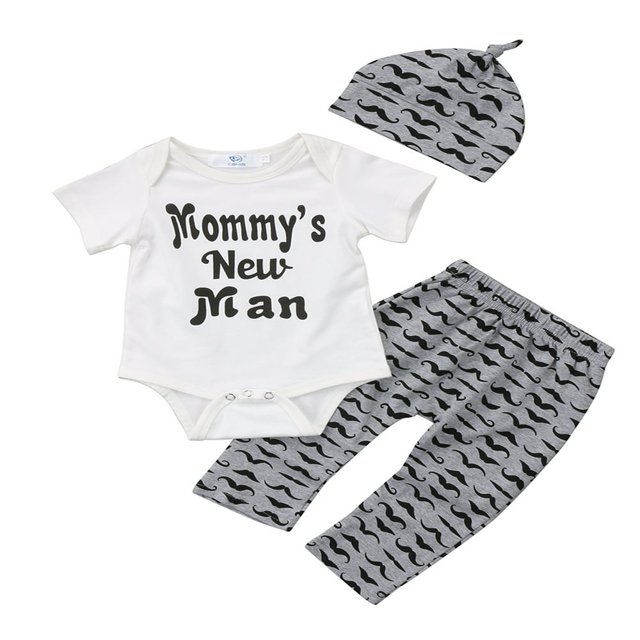 Bébé Garçons Maman Homme Print Vêtements Romper + Pantalons Longs Ensemble