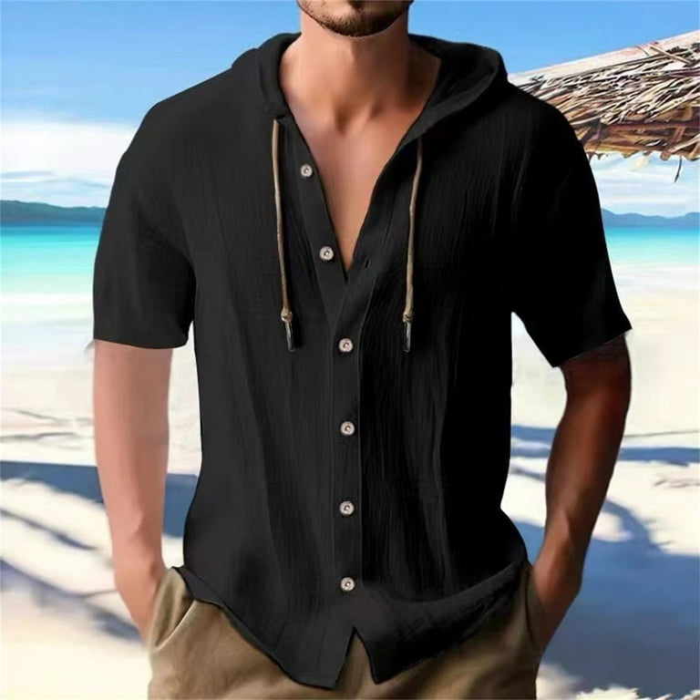 LLIMED Button Up Hoodies Shirts Men Short Sleeve Summer Beach Shirts Tops with Hood Solid Color Casual Blouse Walmart