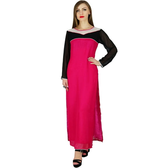 Bimba Women Long Straight Kurta Kurti Pink Georgette Long Sleeves Indian Blouse